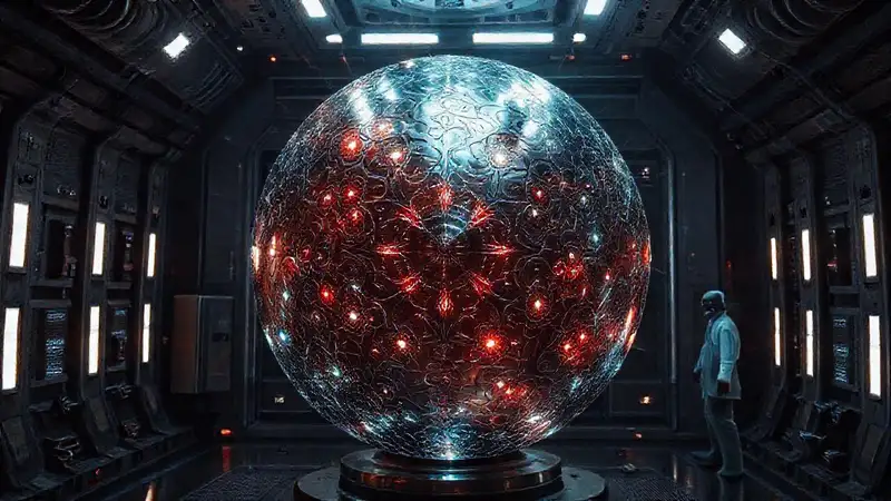 Esfera metálica fractal en cámara futurista