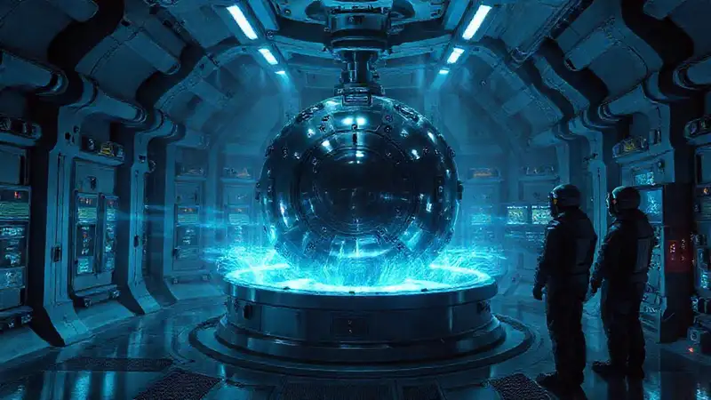 Esfera metálica en laboratorio futurista con guardianes