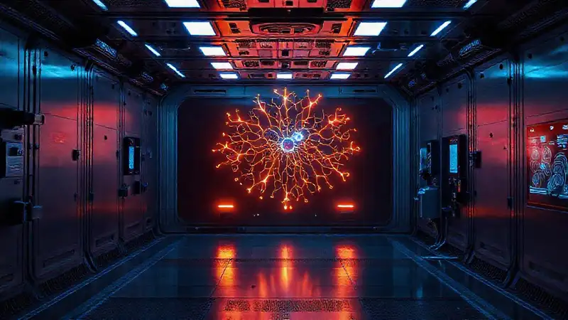 Sala futurista segura con redes neuronales luminosas