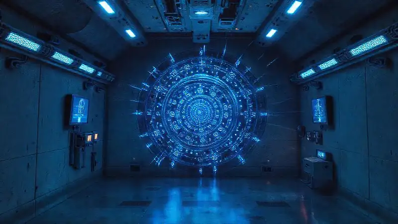 Espacio futurista con símbolos y campos electromagnéticos