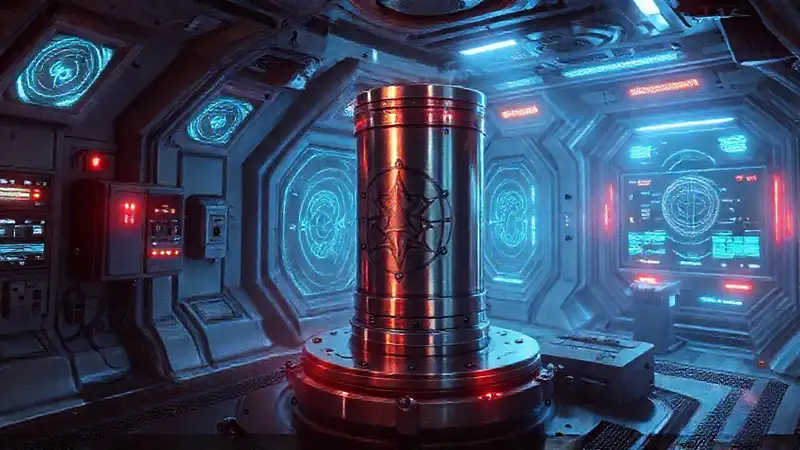 Artefacto metálico misterioso en entorno futurista