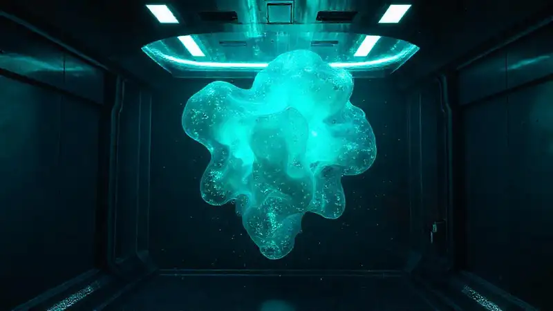 Estructura luminosa y fluida en cámara futurista