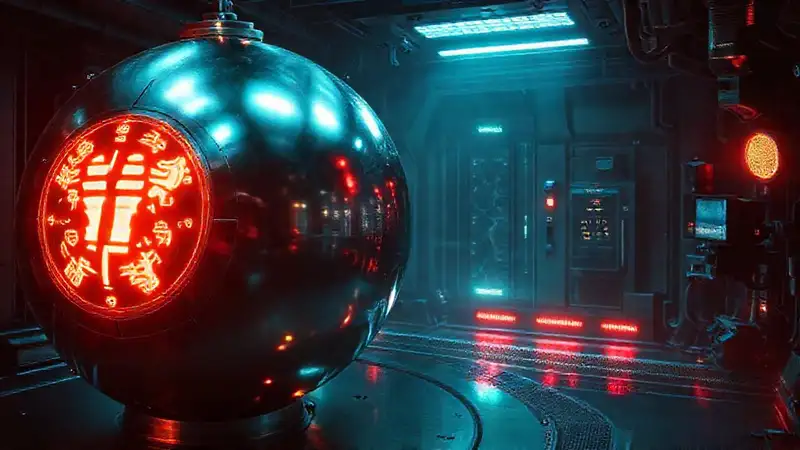 Esfera metálica brillante en contención futurista