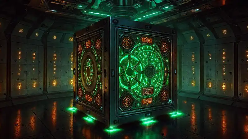 Cubo metálico misterioso con aura tecnológica