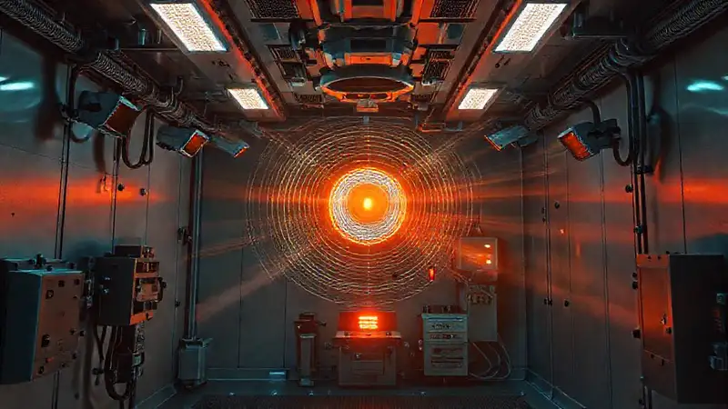 Sala de contención futurista con señales misteriosas