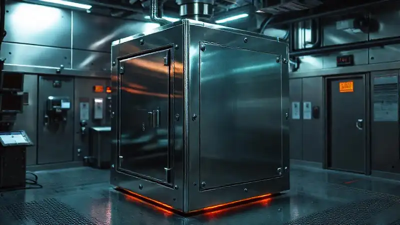 Cubículo metálico brillante y peligroso futurista