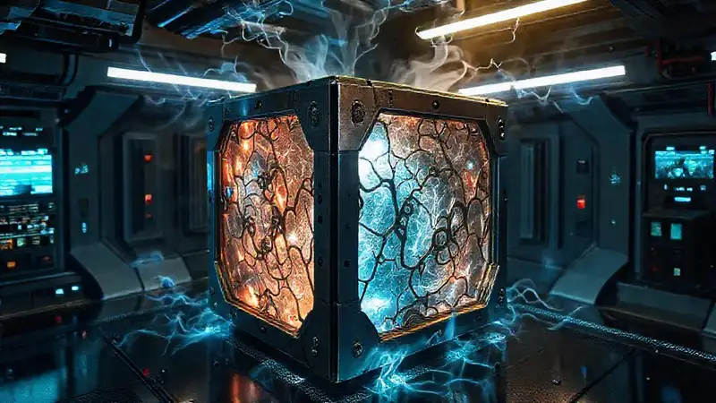 Cubo metálico fractal con energía y seguridad
