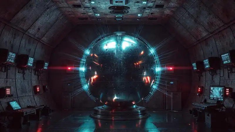 Esfera metálica misteriosa en cámara segura futurista