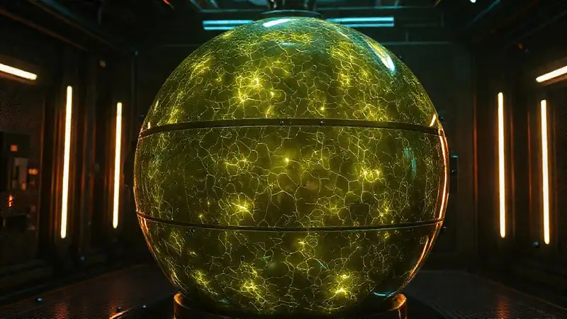 Esfera metálica luminosa en cámara futurista segura