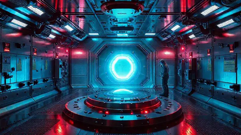 Sala de contención tecnológica con objeto misterioso