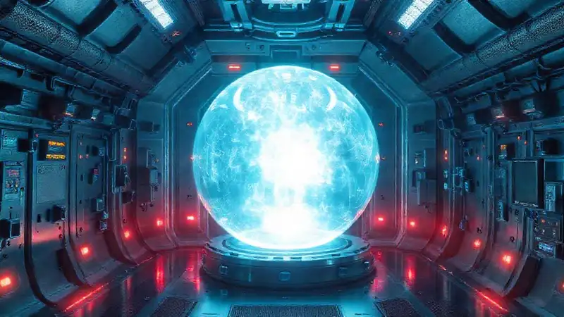 Esfera de energía en cámara de contención futurista
