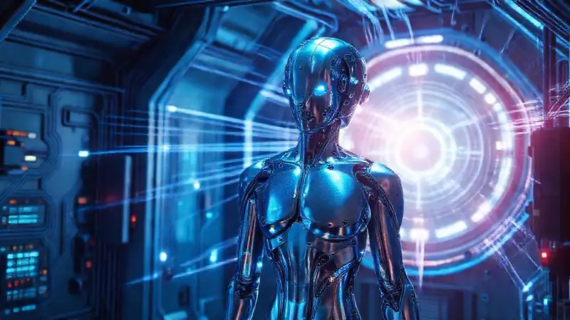 Figura humanoide en un entorno futurista