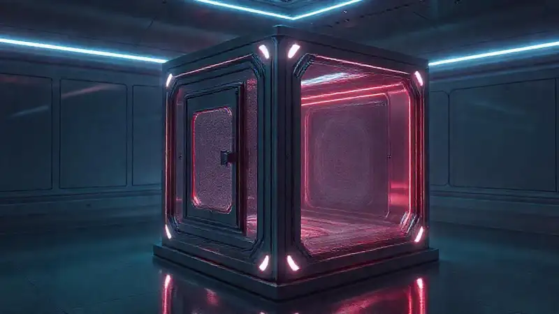 Cubo brillante en una jaula futurista silenciosa