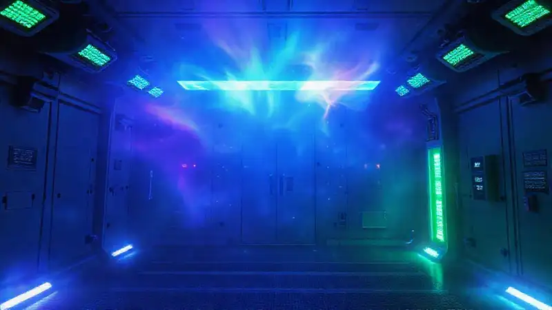 Aurora energética en sala futurista y segura