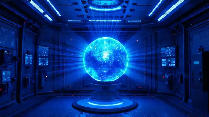 Cristal esférico luminoso en cámara segura futurista