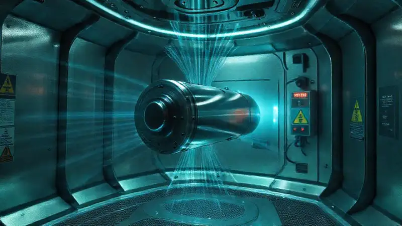 Dispositivo cilíndrico futurista en contenedor seguro