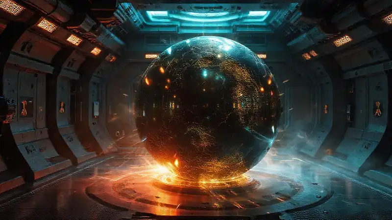 Esfera metálica en cámara futurista y segura