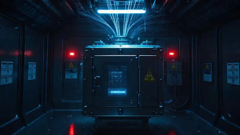 Dispositivo metálico brillante en entorno seguro y misterioso