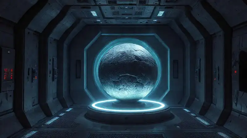Sala de contención con objeto misterioso y tecnológico