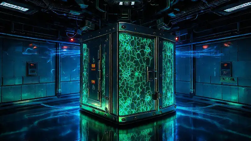 Cubo metálico brillante con patrones y energía