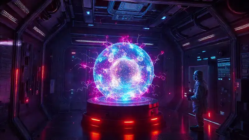 Laboratorio futurista con energía molecular y seguridad