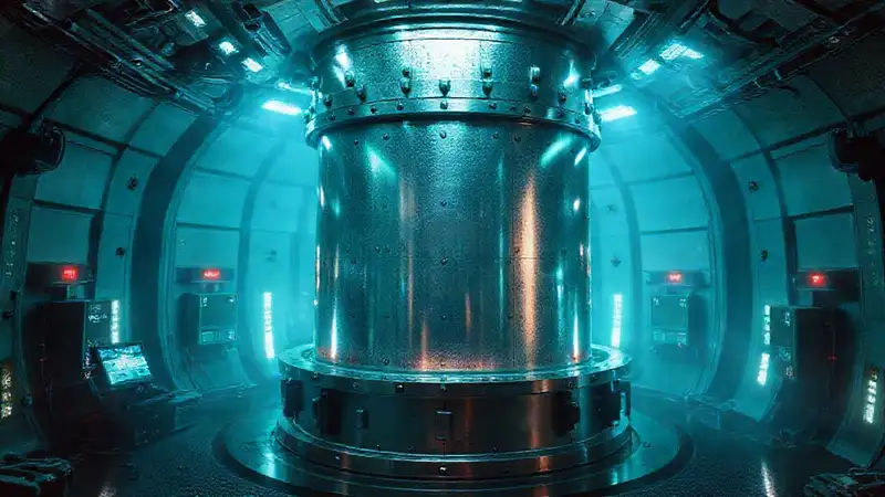 Contenedor futurista con energía y misterio