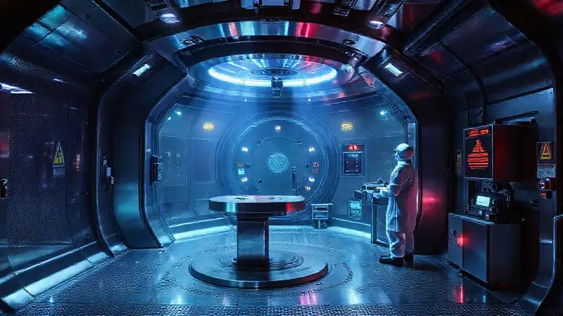 Laboratorio futurista con seguridad y alerta constante