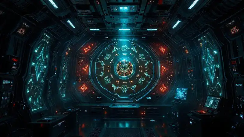 Patrón luminoso en laboratorio futurista