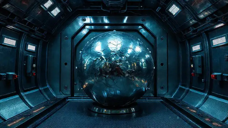 Contenedor futurista y misterioso de metal brillante
