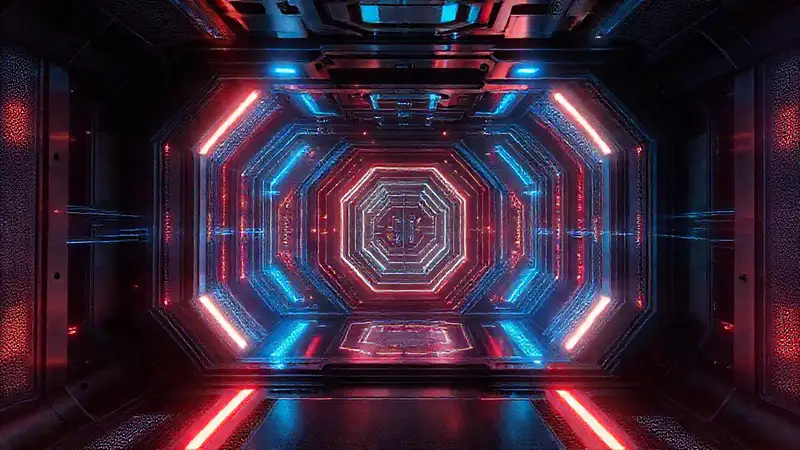 Camara futurista con patrones luminosos y electromagnéticos