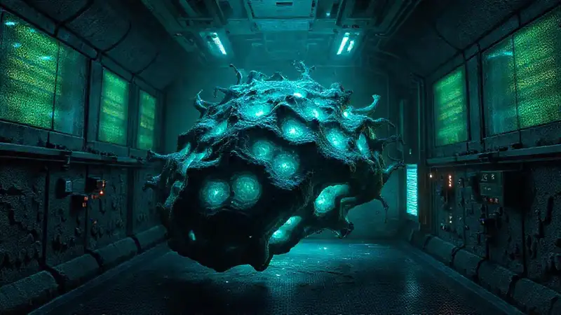 Estructura orgánica bioluminiscente en cámara futurista