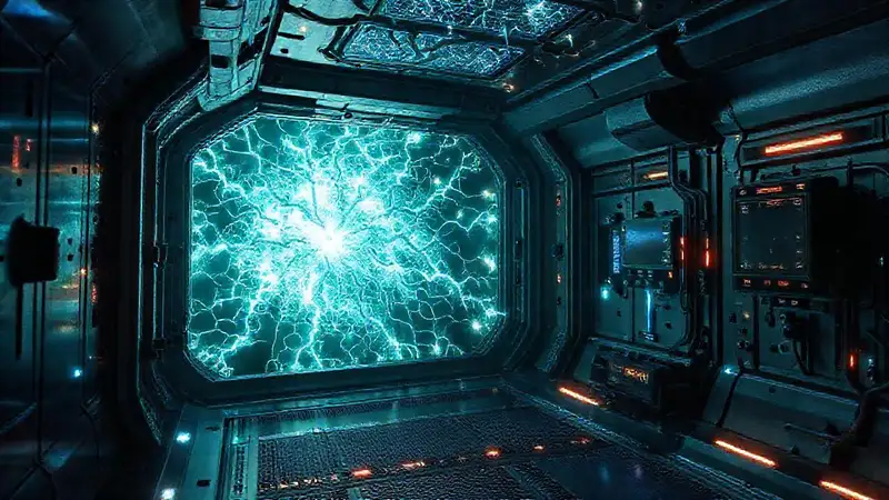 Red neuronal fractal en una cámara futurista