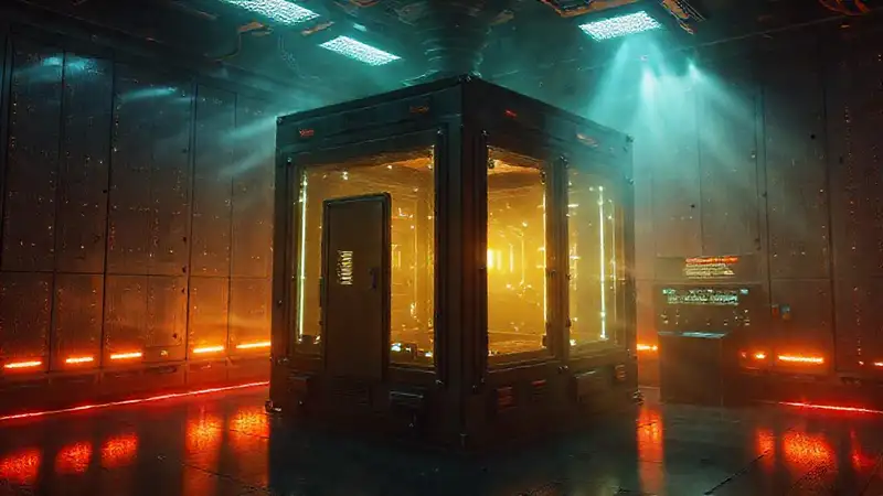 Cube misterioso con campos y iluminación futurista
