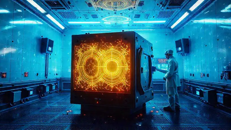Cubo misterioso con energía en laboratorio de seguridad