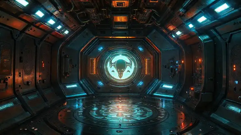 Cámara futurista con energía y símbolos misteriosos