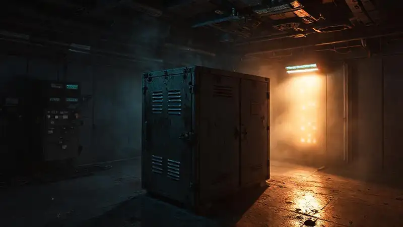 Caja metálica oxidada en sitio misterioso