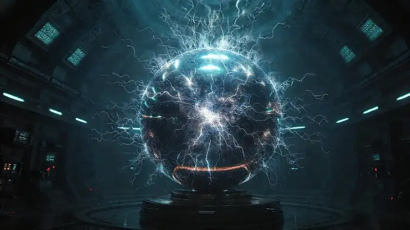 Esfera metálica brillante en cámara futurista misteriosa