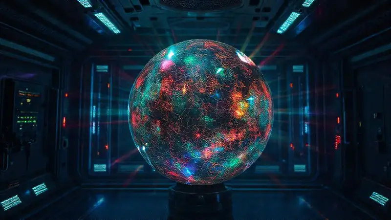 Esfera metálica iridiscente en laboratorio futurista