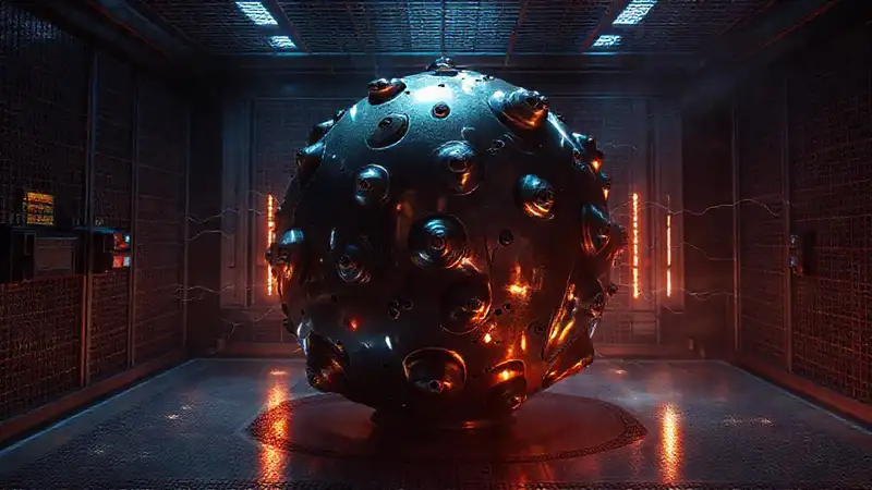 Forma metálica misteriosa en entorno de alta tecnología