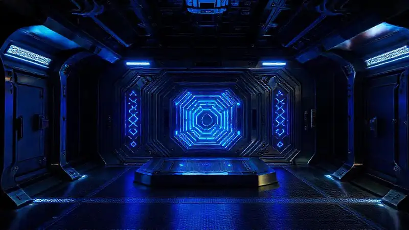 Estructura futurista con ambiente tenso y misterioso