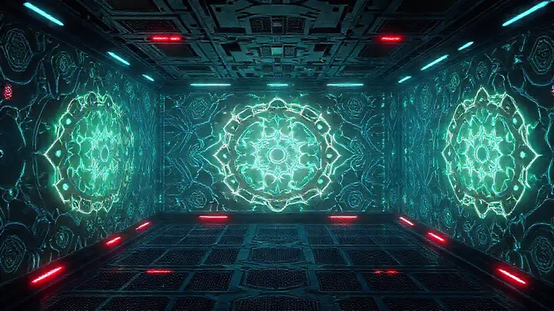 Patrones geométricos misteriosos en sala futurista