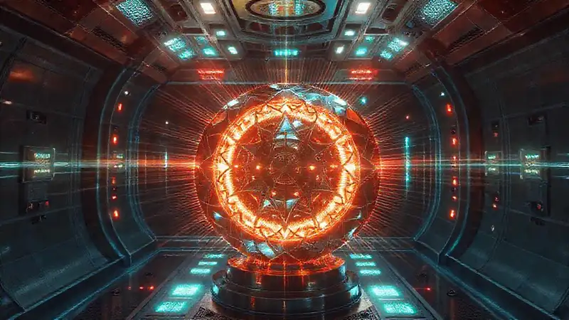 Objeto metálico misterioso con patrones y energía