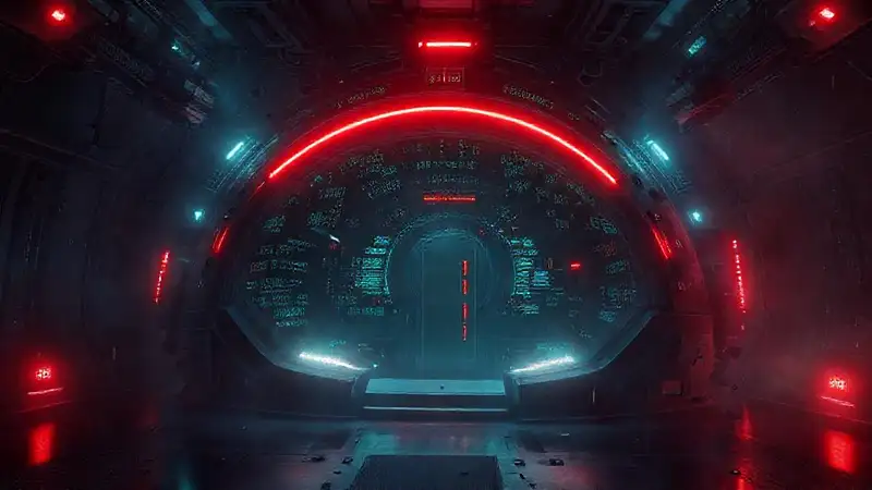 Estructura futurista segura con códigos y cámaras