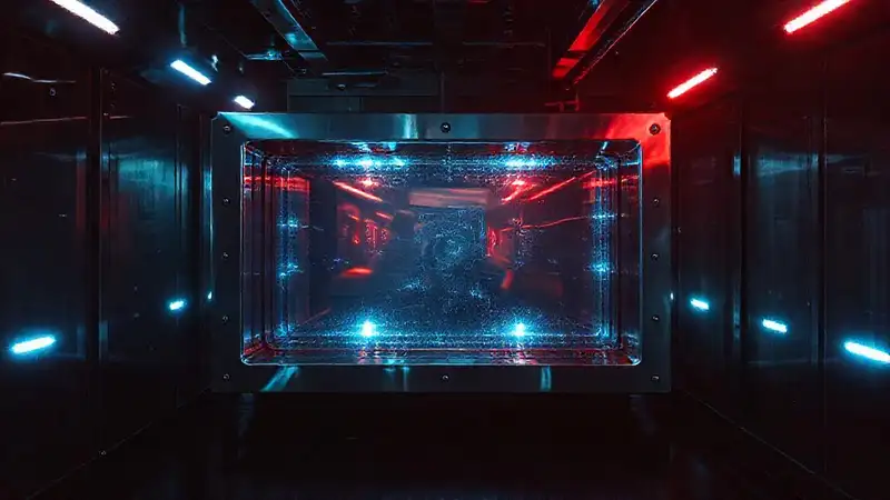 Estructura metálica en espacio surrealista y oscuro