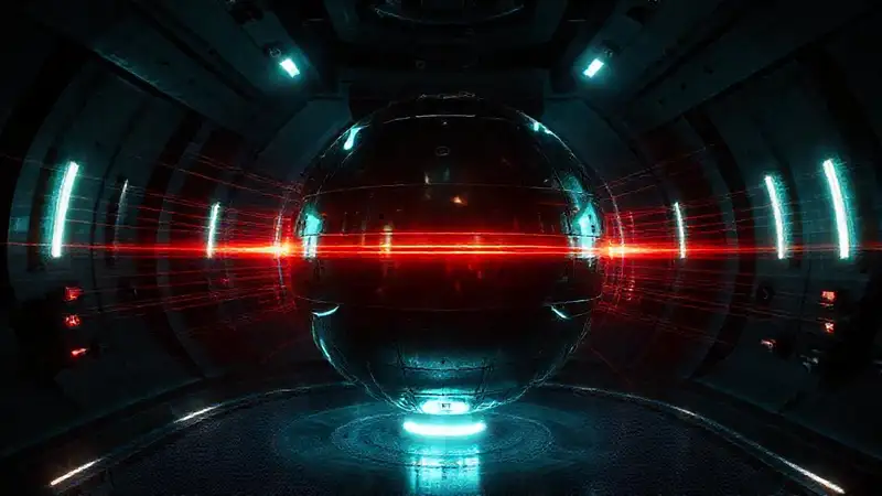 Esfera metálica luminosa en cámara de alta tecnología