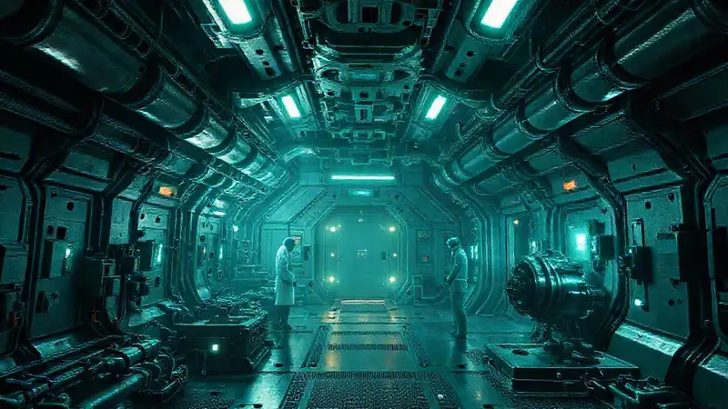 Sala futurista subterránea con artefactos metálicos