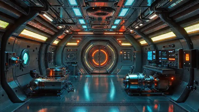 Laboratorio futurista seguro con objetos metálicos brillantes