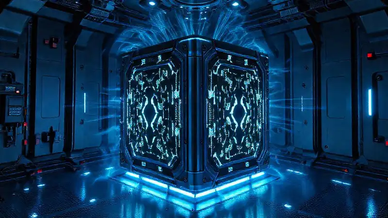 Cubo metálico misterioso en cámara futurista