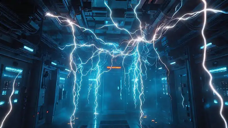 Red energético futurista en entorno seguro y misterioso