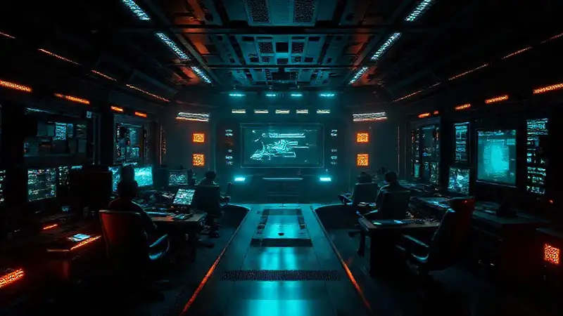 Sala futurista con seguridad y tecnología avanzada